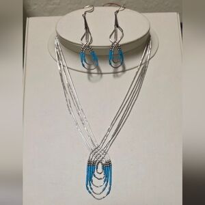 925 Sterling Liquid Silver Blue Turquoise Necklace & Earrings vintage Southwest